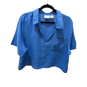 100% Linen CALYPSO St Barth Blue Cropped Shirt with Shell Embroidery   XL